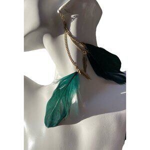 Vintage Dark Green Gold Dangling Real Feather Earrings Western Aztec Sz 7”